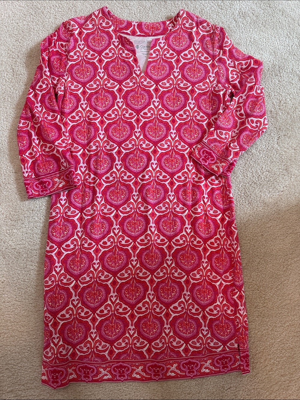 Coolibar Pink and Red Paisley Sun Protection shift dress with 3/4 sleeves